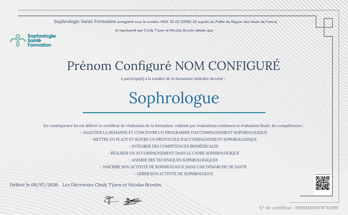 Certificat Formation Devenir Sophrologue de Sophrologia Santé Formation